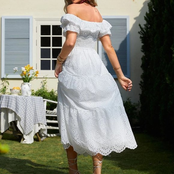 White Boho Womens Off Shoulder Ruffle Trim Schiffy Dress - Picture 2 of 5